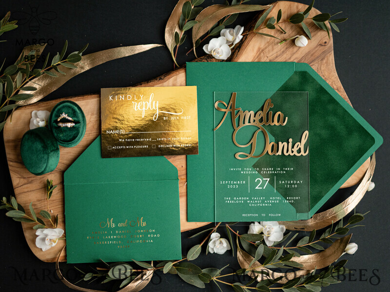 Glamorous Gold and Green Acrylic Wedding Invitations: A Luxury Emerald Green Wedding Invitation Suite with Golden Greenery Accents-4