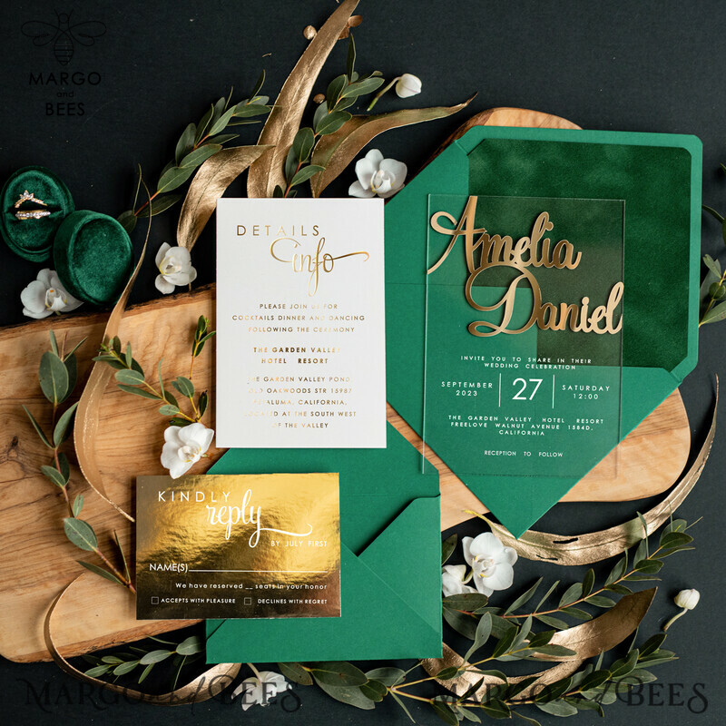 Glamorous Gold and Green Acrylic Wedding Invitations: A Luxury Emerald Green Wedding Invitation Suite with Golden Greenery Accents-0
