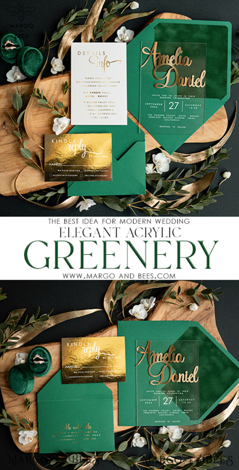 Glamorous Gold and Green Acrylic Wedding Invitations: A Luxury Emerald Green Wedding Invitation Suite with Golden Greenery Accents-3