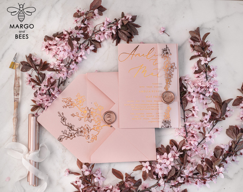 Spring Cherry Blossom wedding invitations, Rose Gold Vellum Wedding Invitation Suite, Pink Sakura  Wedding Stationery  -1