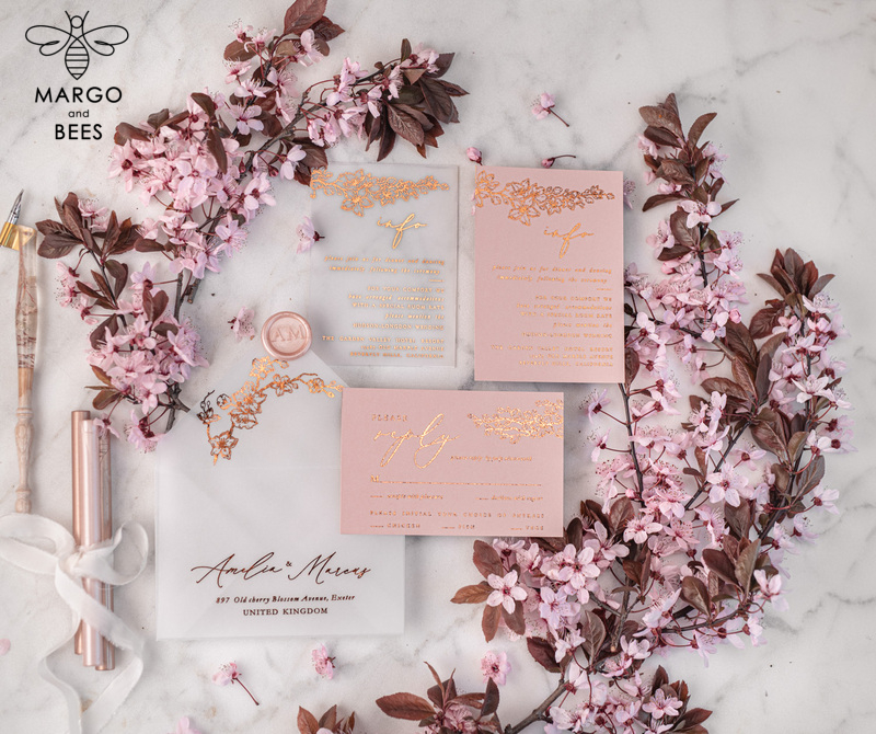 Spring Cherry Blossom wedding invitations, Rose Gold Vellum Wedding Invitation Suite, Pink Sakura  Wedding Stationery  -10