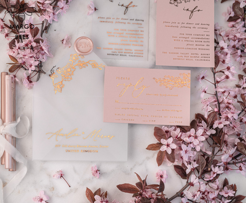 Spring Cherry Blossom wedding invitations, Rose Gold Vellum Wedding Invitation Suite, Pink Sakura  Wedding Stationery  -11