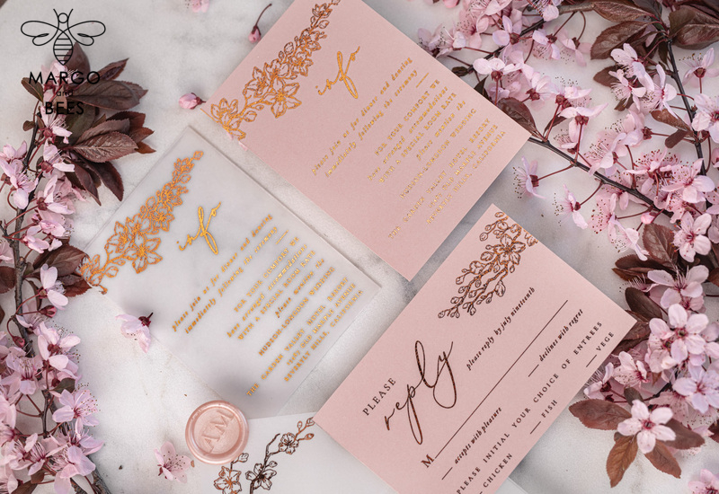 Spring Cherry Blossom wedding invitations, Rose Gold Vellum Wedding Invitation Suite, Pink Sakura  Wedding Stationery  -12