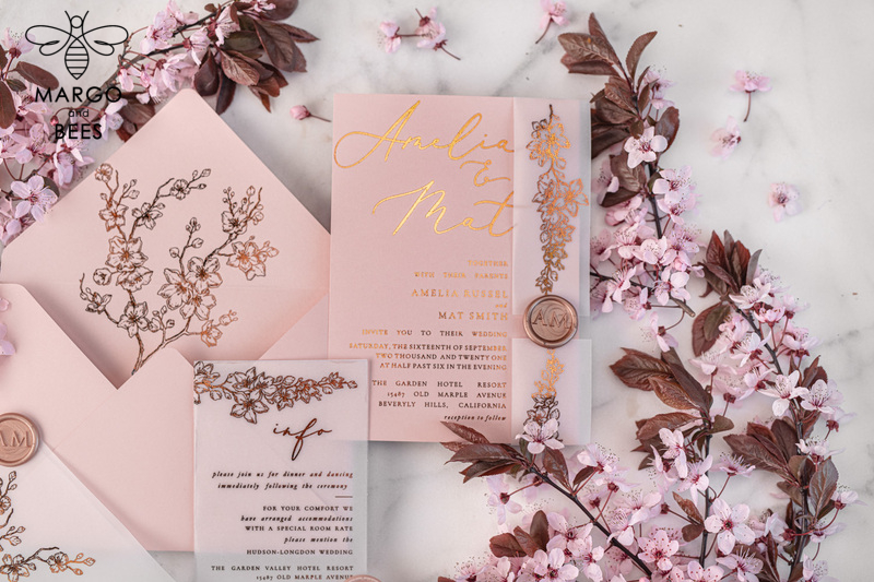 Spring Cherry Blossom wedding invitations, Rose Gold Vellum Wedding Invitation Suite, Pink Sakura  Wedding Stationery  -13