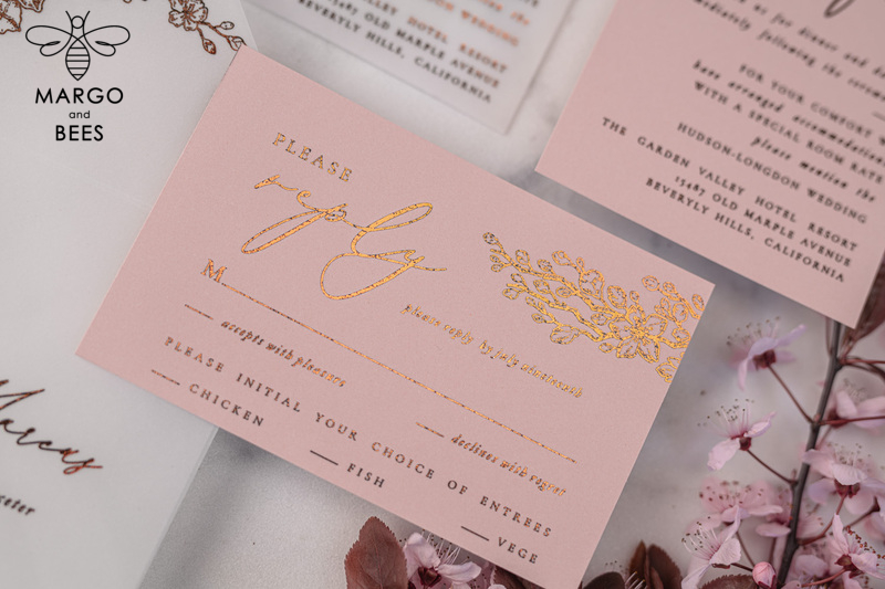 Spring Cherry Blossom wedding invitations, Rose Gold Vellum Wedding Invitation Suite, Pink Sakura  Wedding Stationery  -15