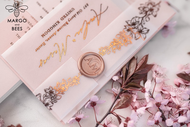 Spring Cherry Blossom wedding invitations, Rose Gold Vellum Wedding Invitation Suite, Pink Sakura  Wedding Stationery  -16