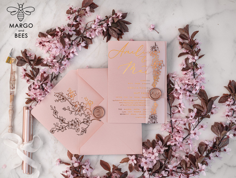 Spring Cherry Blossom wedding invitations, Rose Gold Vellum Wedding Invitation Suite, Pink Sakura  Wedding Stationery  -17