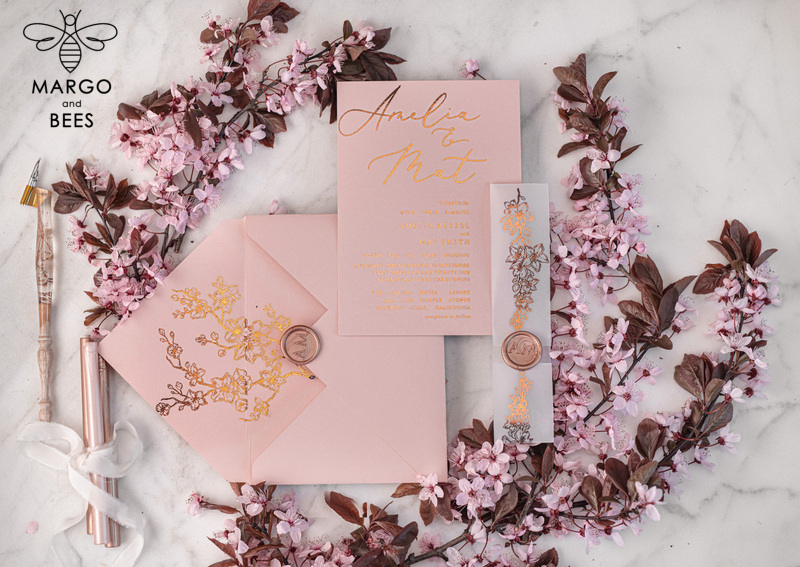 Spring Cherry Blossom wedding invitations, Rose Gold Vellum Wedding Invitation Suite, Pink Sakura  Wedding Stationery  -18