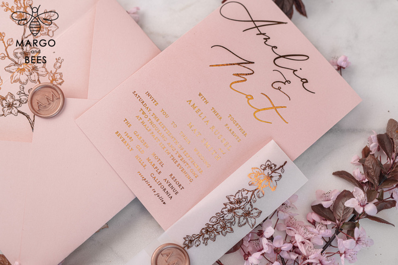 Spring Cherry Blossom wedding invitations, Rose Gold Vellum Wedding Invitation Suite, Pink Sakura  Wedding Stationery  -19