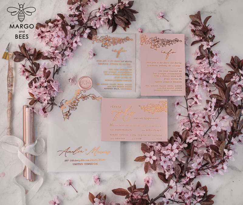 Spring Cherry Blossom wedding invitations, Rose Gold Vellum Wedding Invitation Suite, Pink Sakura  Wedding Stationery  -2