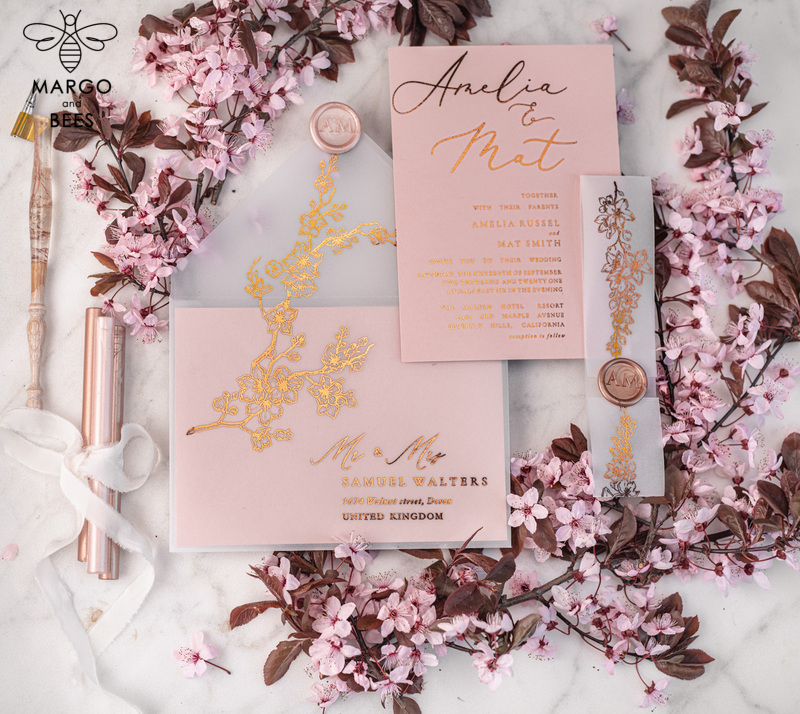 Spring Cherry Blossom wedding invitations, Rose Gold Vellum Wedding Invitation Suite, Pink Sakura  Wedding Stationery  -20