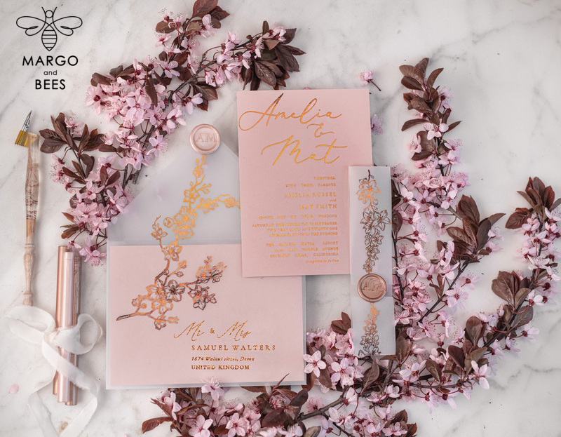 Spring Cherry Blossom wedding invitations, Rose Gold Vellum Wedding Invitation Suite, Pink Sakura  Wedding Stationery  -21