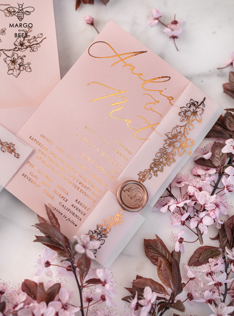 Spring Cherry Blossom wedding invitations, Rose Gold Vellum Wedding Invitation Suite, Pink Sakura  Wedding Stationery  -23