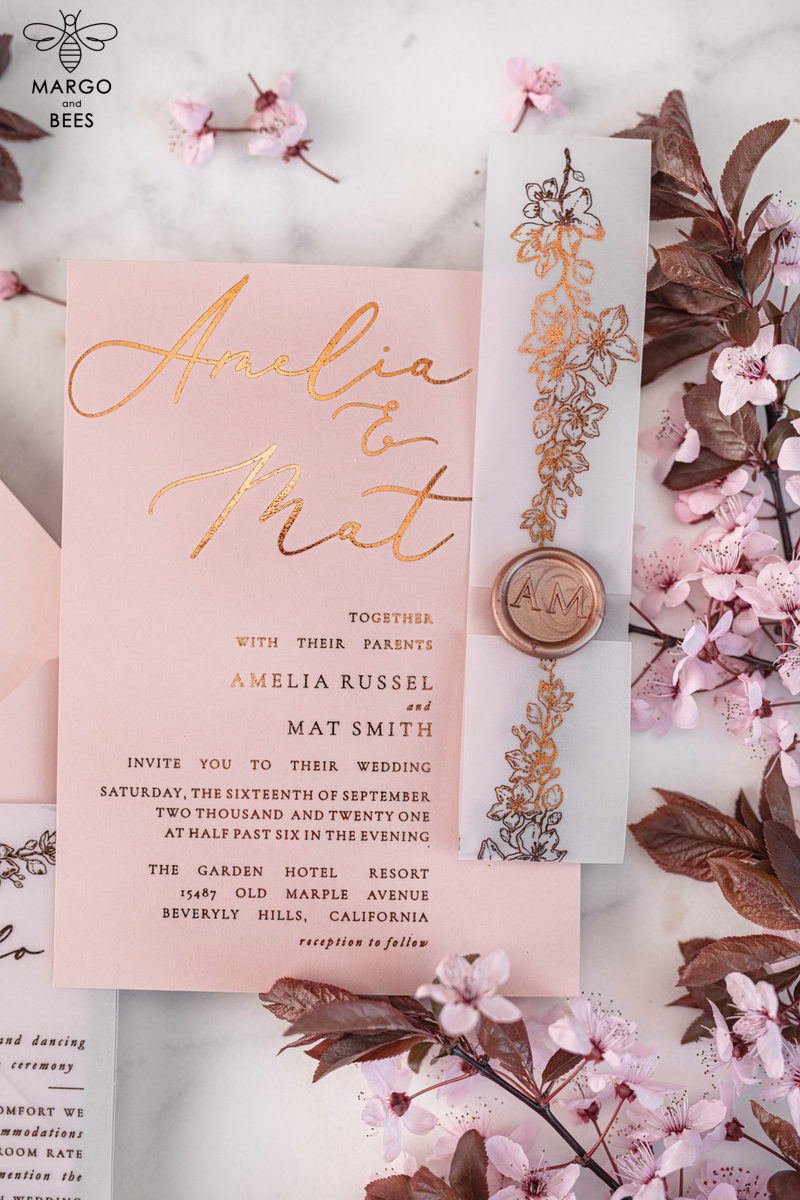 Spring Cherry Blossom wedding invitations, Rose Gold Vellum Wedding Invitation Suite, Pink Sakura  Wedding Stationery  -24