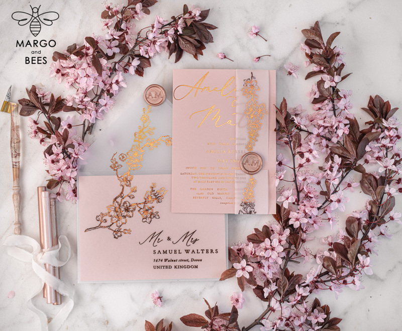 Spring Cherry Blossom wedding invitations, Rose Gold Vellum Wedding Invitation Suite, Pink Sakura  Wedding Stationery  -3
