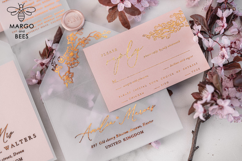 Spring Cherry Blossom wedding invitations, Rose Gold Vellum Wedding Invitation Suite, Pink Sakura  Wedding Stationery  -4