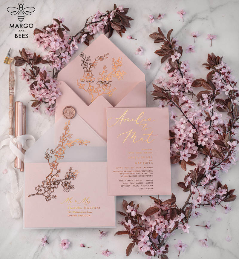 Spring Cherry Blossom wedding invitations, Rose Gold Vellum Wedding Invitation Suite, Pink Sakura  Wedding Stationery  -5