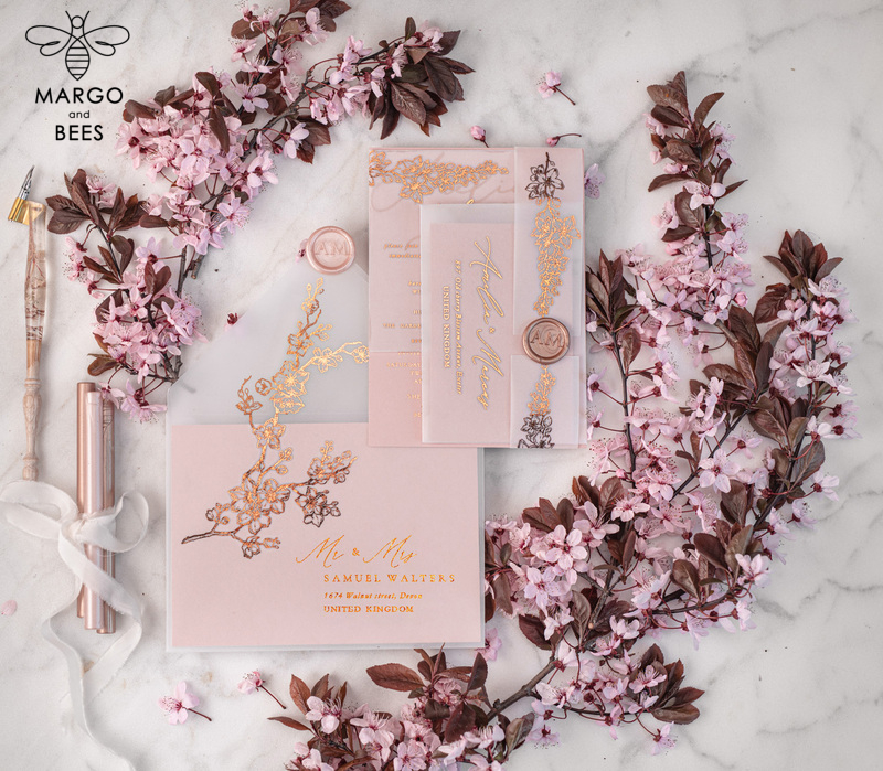 Spring Cherry Blossom wedding invitations, Rose Gold Vellum Wedding Invitation Suite, Pink Sakura  Wedding Stationery  -6