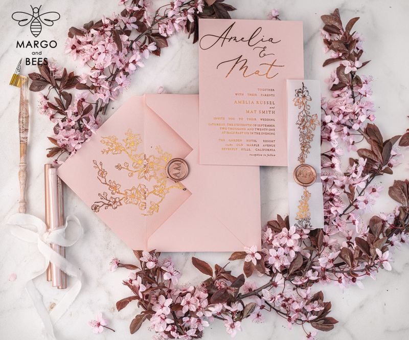Spring Cherry Blossom wedding invitations, Rose Gold Vellum Wedding Invitation Suite, Pink Sakura  Wedding Stationery  -7