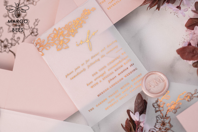Spring Cherry Blossom wedding invitations, Rose Gold Vellum Wedding Invitation Suite, Pink Sakura  Wedding Stationery  -8