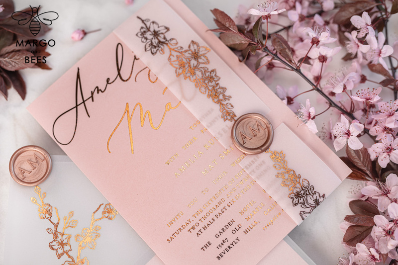 Spring Cherry Blossom wedding invitations, Rose Gold Vellum Wedding Invitation Suite, Pink Sakura  Wedding Stationery  -9