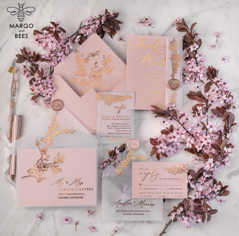 Spring Cherry Blossom wedding invitations, Rose Gold Vellum Wedding Invitation Suite, Pink Sakura  Wedding Stationery  -0