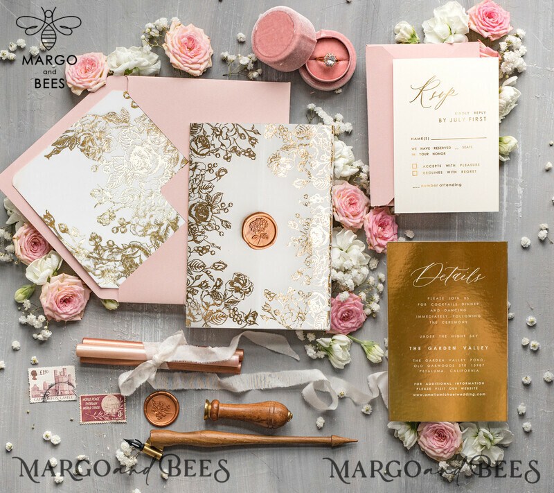 Bespoke Blush Pink wedding invitations, Glamour Wedding Invitation Suite • Golden Pink Wedding Stationery • Luxury Wedding Invites-6