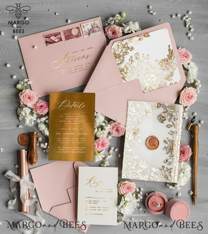 Bespoke Blush Pink wedding invitations, Glamour Wedding Invitation Suite • Golden Pink Wedding Stationery • Luxury Wedding Invites-5