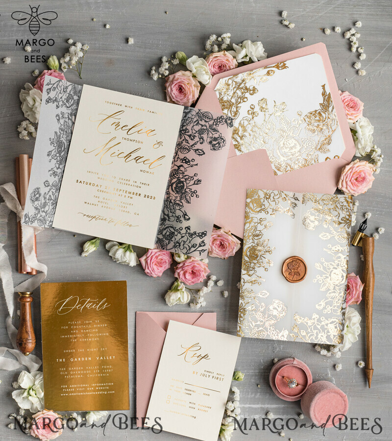 Bespoke Blush Pink wedding invitations, Glamour Wedding Invitation Suite • Golden Pink Wedding Stationery • Luxury Wedding Invites-4