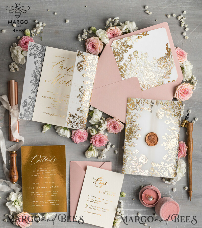 Bespoke Blush Pink wedding invitations, Glamour Wedding Invitation Suite • Golden Pink Wedding Stationery • Luxury Wedding Invites-0