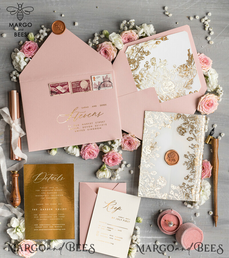 Bespoke Blush Pink wedding invitations, Glamour Wedding Invitation Suite • Golden Pink Wedding Stationery • Luxury Wedding Invites-2
