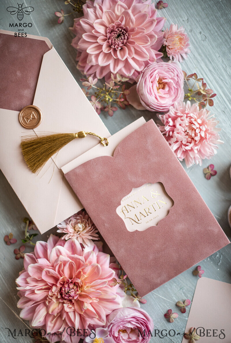 Glamour Pink Velvet Wedding Invitations: Luxury Golden Tassel Wedding Invitation Suite for Romantic Blush Pink Arabic Wedding Cards; Elegant Golden Shine Wedding Invites-2
