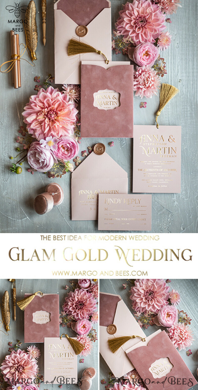 Glamour Pink Velvet Wedding Invitations: Luxury Golden Tassel Wedding Invitation Suite for Romantic Blush Pink Arabic Wedding Cards; Elegant Golden Shine Wedding Invites-3