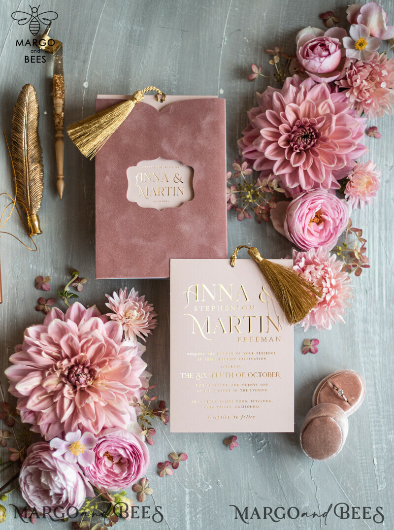 Glamour Pink Velvet Wedding Invitations, Luxury Golden Tassel Wedding Invitation Suite, Romantic Blush Pink Arabic Wedding Cards, Elegant Golden Shine Wedding Invites-0