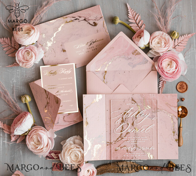 Blush Pink Marble Wedding Invitations: Luxury Gold Foil Invitation Set with Acrylic Cards - Marble Glamour Wedding Invitation Suite - Elegant Wedding Cards in Marble Design-2