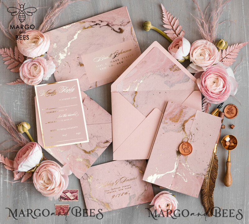 Blush Pink Marble Wedding invitations, Luxury Gold Foil Wedding Invitation set,  Acrylic cards, Marble Glamour Wedding Invitation Suite, Elegant  Wedding Cards Marble-4