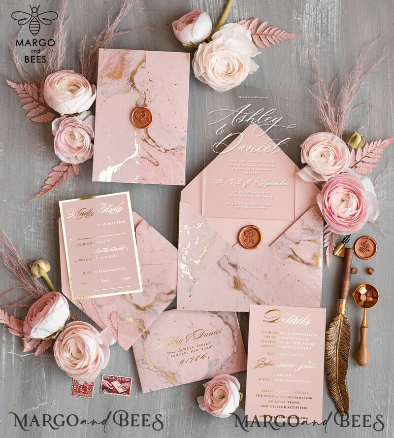 Blush Pink Marble Wedding invitations, Luxury Gold Foil Wedding Invitation set,  Acrylic cards, Marble Glamour Wedding Invitation Suite, Elegant  Wedding Cards Marble-5