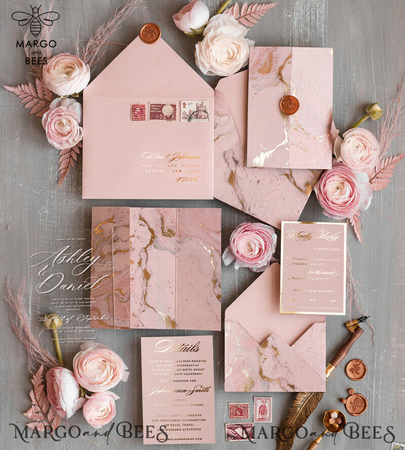 Blush Pink Marble Wedding invitations, Luxury Gold Foil Wedding Invitation set,  Acrylic cards, Marble Glamour Wedding Invitation Suite, Elegant  Wedding Cards Marble-3