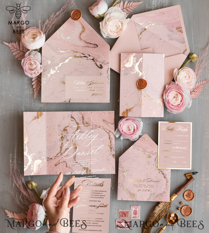 Blush Pink Marble Wedding invitations, Luxury Gold Foil Wedding Invitation set,  Acrylic cards, Marble Glamour Wedding Invitation Suite, Elegant  Wedding Cards Marble-6