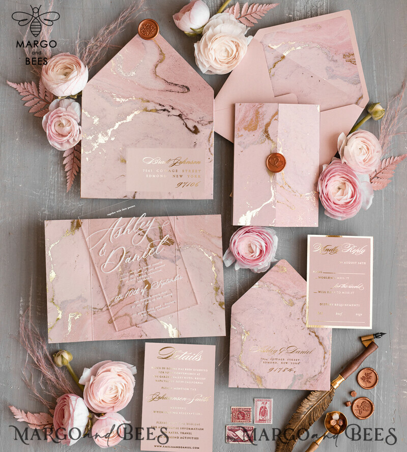 Blush Pink Marble Wedding Invitations: Luxury Gold Foil Invitation Set with Acrylic Cards - Marble Glamour Wedding Invitation Suite - Elegant Wedding Cards in Marble Design-1