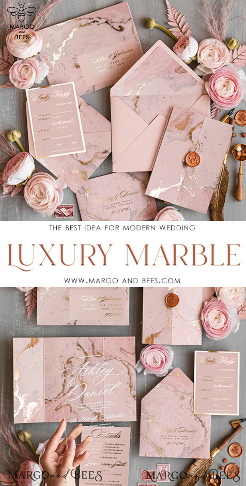 Blush Pink Marble Wedding Invitations: Luxury Gold Foil Invitation Set with Acrylic Cards - Marble Glamour Wedding Invitation Suite - Elegant Wedding Cards in Marble Design-3