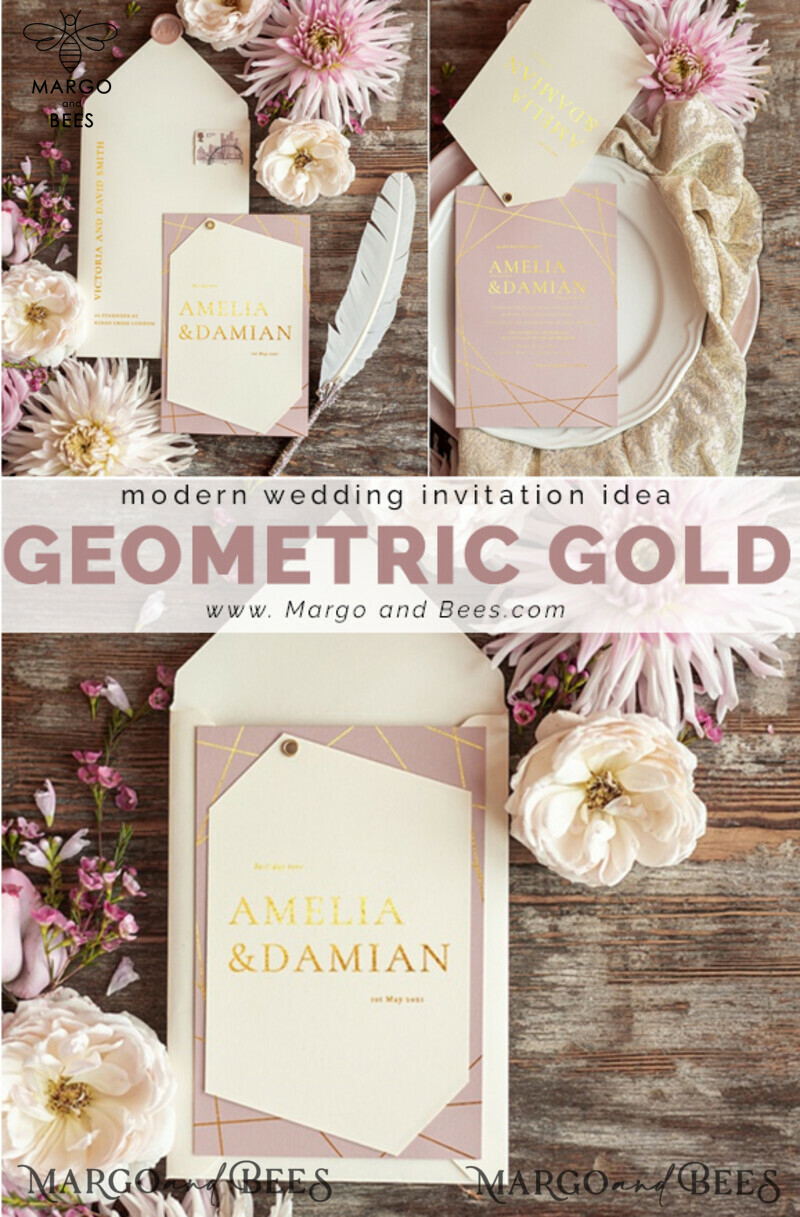 Geometric wedding invitation Suite, blush Pink  Gold Wedding Cards, gold  Modern Wedding Invites, Blush Pink and Ivory -1