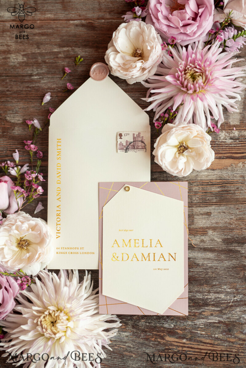 Glamour Geometric Wedding Invitations, Romantic Pink Gold Wedding Cards, Luxury Golden Shine Wedding Invites, Elegant Ivory Wedding Invitation Suite-2