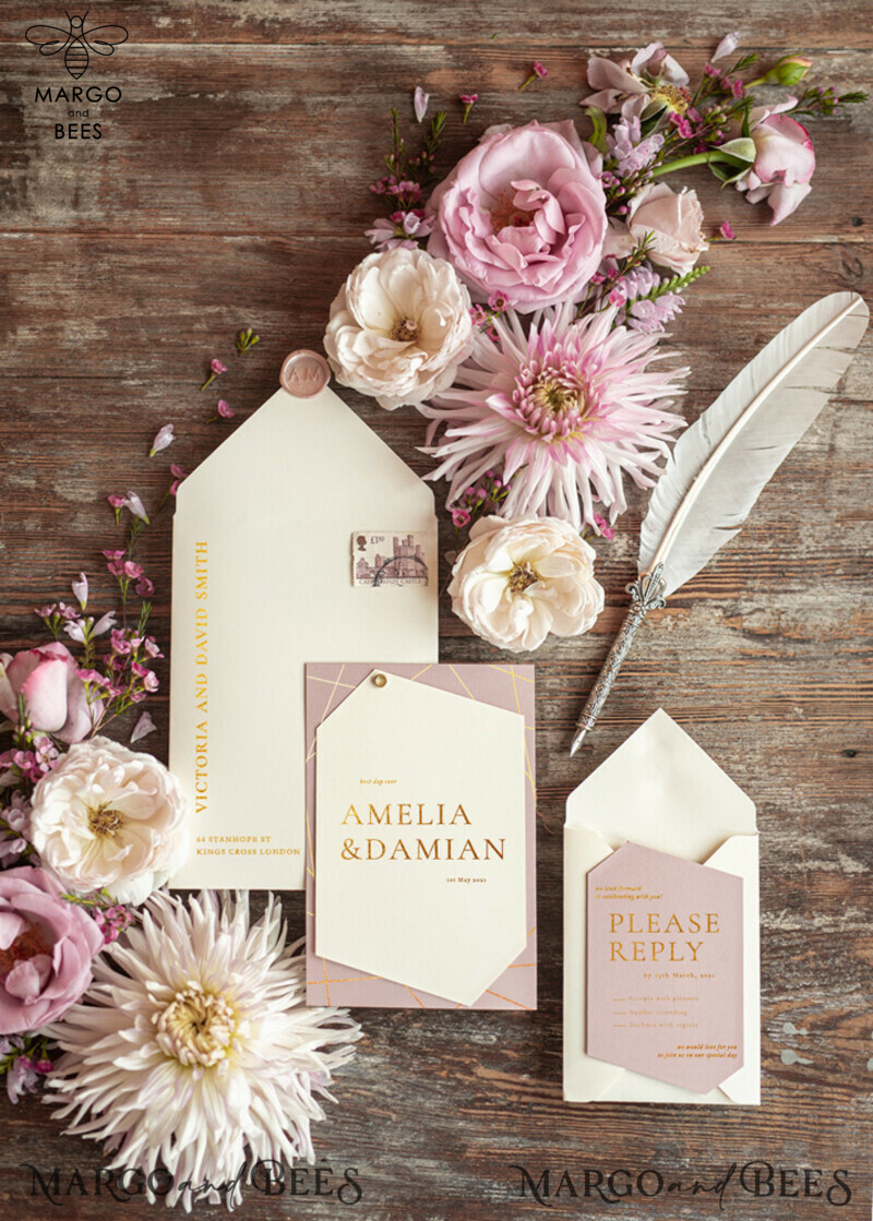 Geometric wedding invitation Suite, blush Pink  Gold Wedding Cards, gold  Modern Wedding Invites, Blush Pink and Ivory -3