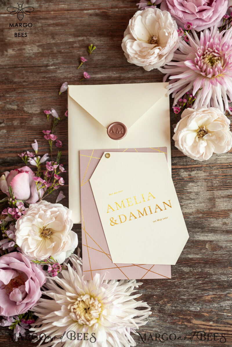 Glamour Geometric Wedding Invitations: Romantic Pink Gold Wedding Cards for Luxury Golden Shine Wedding Invites - Elegant Ivory Wedding Invitation Suite-5