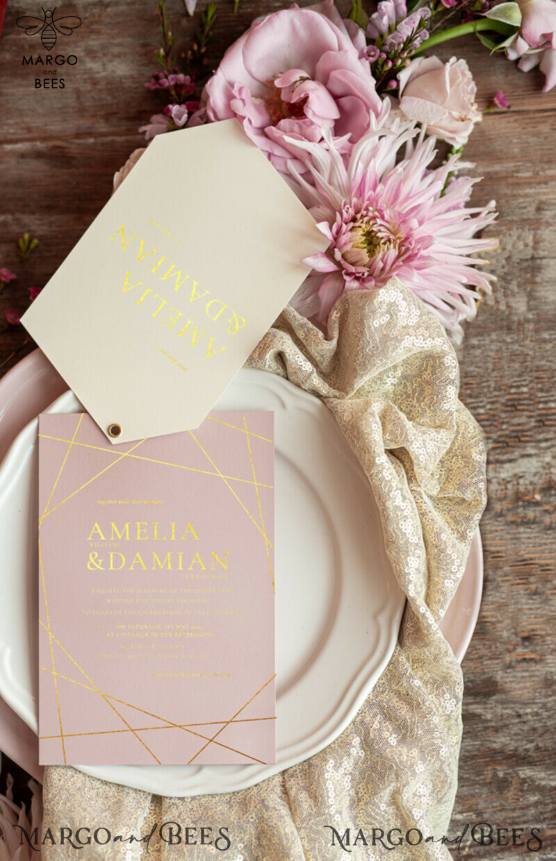 Geometric wedding invitation Suite, blush Pink  Gold Wedding Cards, gold  Modern Wedding Invites, Blush Pink and Ivory -6
