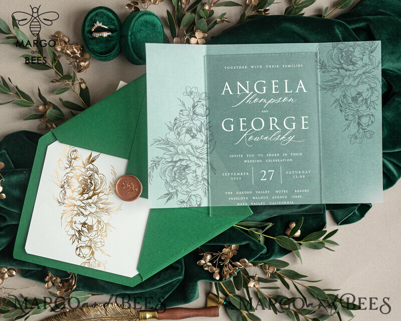 Greenery Gold Wedding Invitations: Glamour Acrylic with Glitter Emerald Green Suite, Luxury Cards featuring Wax Seal-3