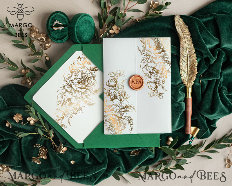 Greenery Gold Wedding Invitations: Glamour Acrylic with Glitter Emerald Green Suite, Luxury Cards featuring Wax Seal-1
