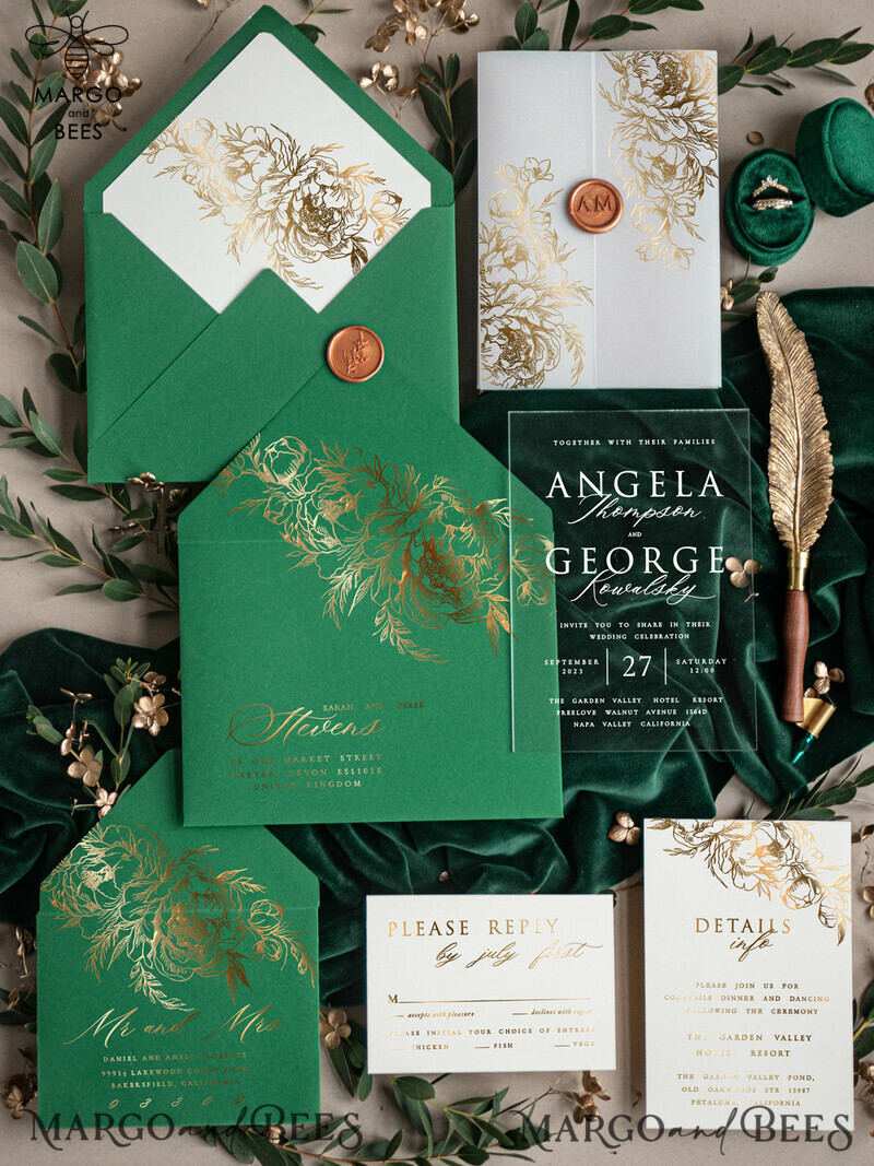 Greenery Gold Wedding Invitations: Glamour Acrylic with Glitter Emerald Green Suite, Luxury Cards featuring Wax Seal-4
