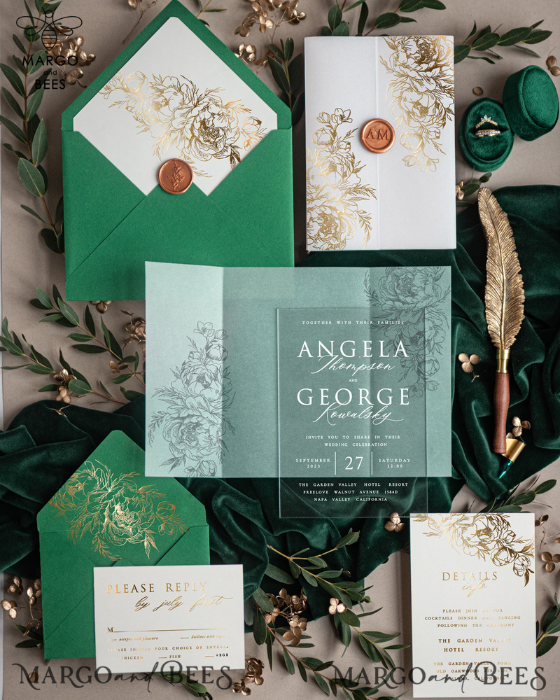 Greenery Gold wedding invitations, Glamour Acrylic  Wedding Invitations • Glitter Emerald Green Wedding Invitation Suite • Luxury Wedding Cards with Wax Seal-0
